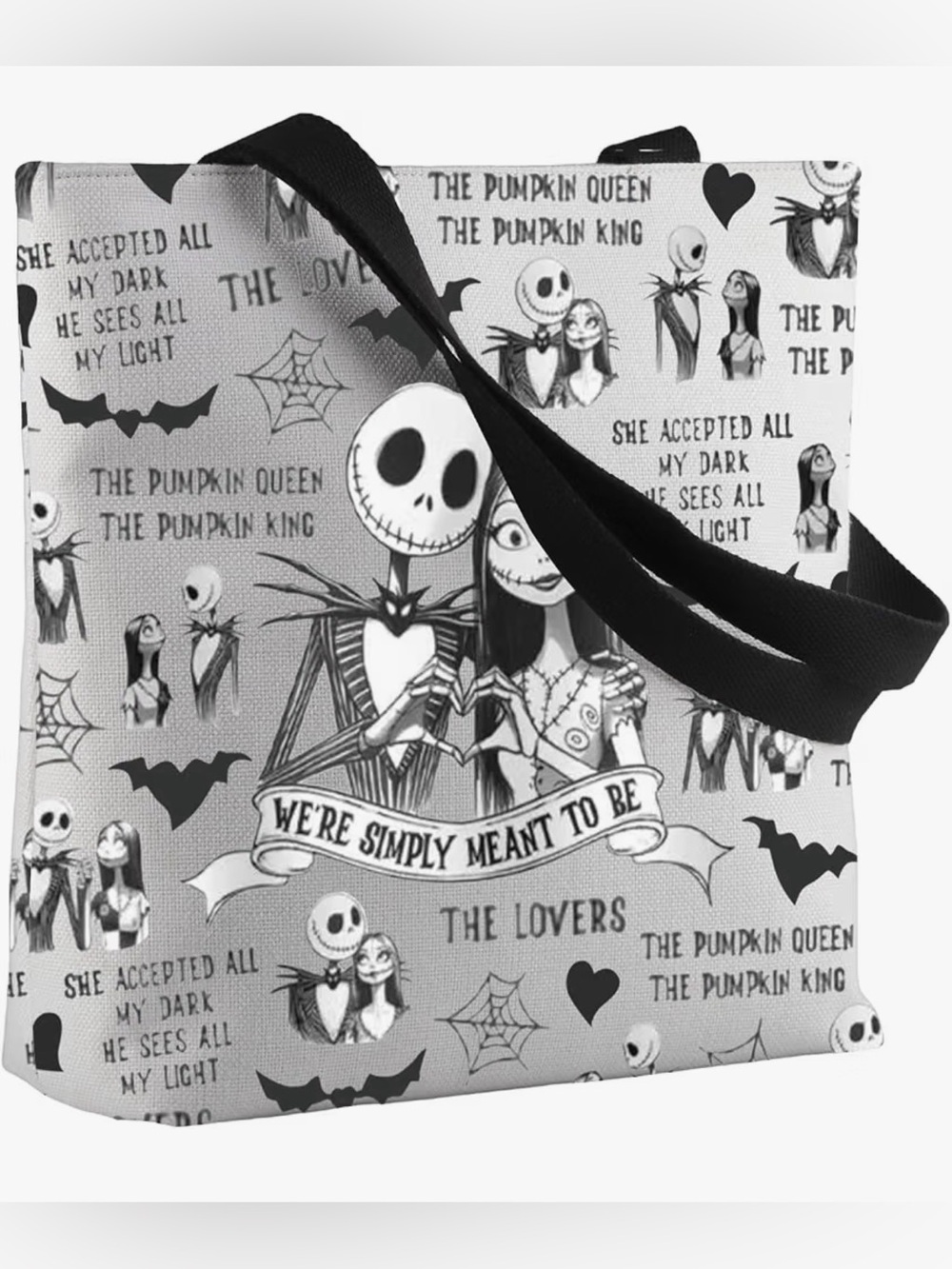 Jack & Sally โSimply Meant to Beโ Black & White Tote Bag ๐ค